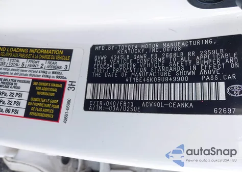 2009 Toyota Camry Le из США, поврежденный, VIN 4T1BE46K09U849900